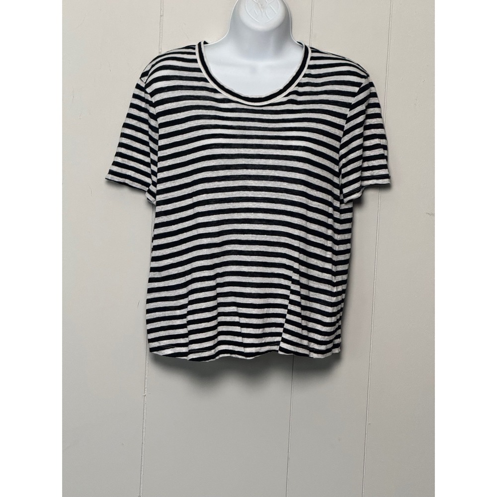 ALC Women's Black White Striped Linen Lace Up Back Short Sleeve Tee Shirt Size M
